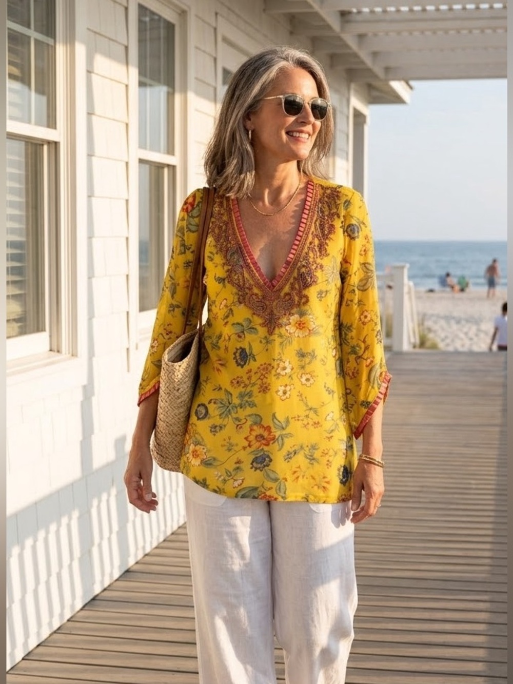 Vintage Manika Yellow Floral and Beaded Tunic Top Swim Cover
